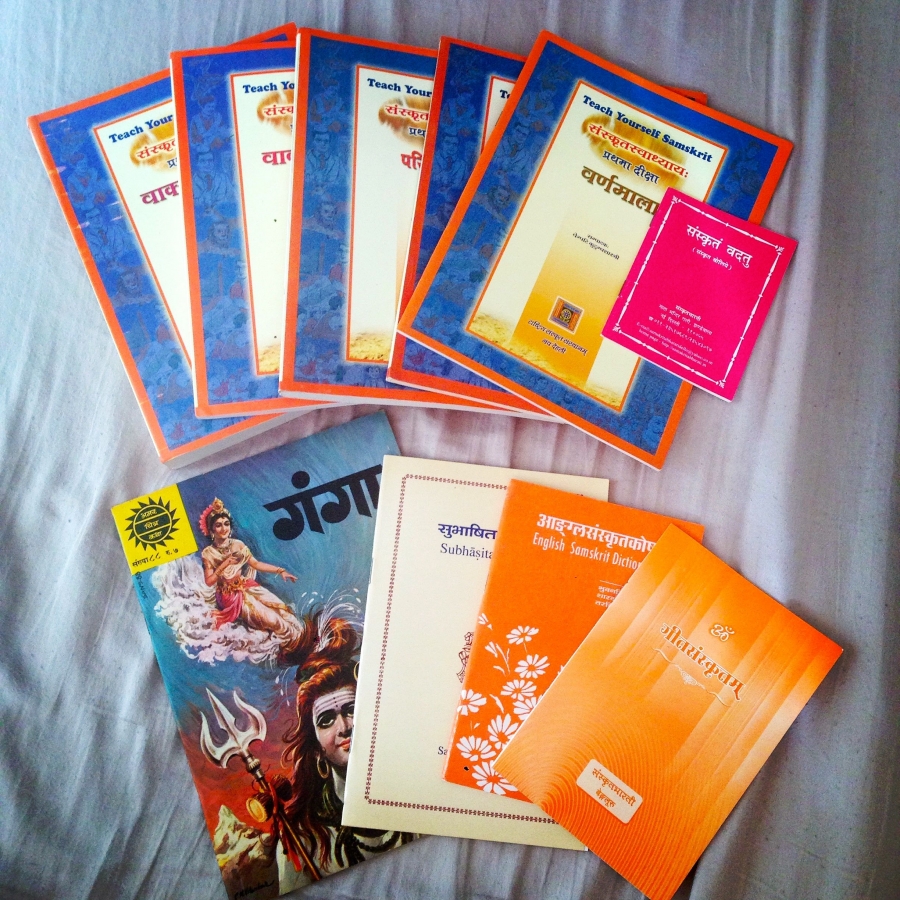 Sanskrit textbooks, songbooks and a comic book. Sanskrit textbooks, songbooks and a comic book.